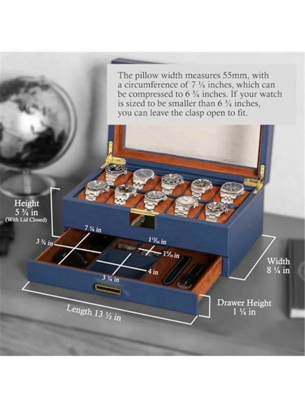 ROTHWELL 10-Slot Watch Box in Leather with Valet Drawer, Luxury Watch Case